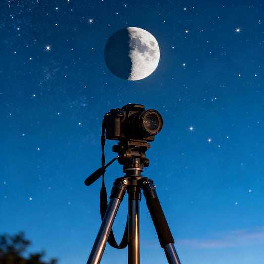 Foto artística de cámara y trípode bajo un cielo estrellado con eclipse lunar parcial. Una imagen inspiradora para quienes buscan comenzar en la fotografía astronómica.
